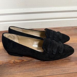 Vintage Black Suede Pointed-Toe Women's Loafers Size 7 with button details
